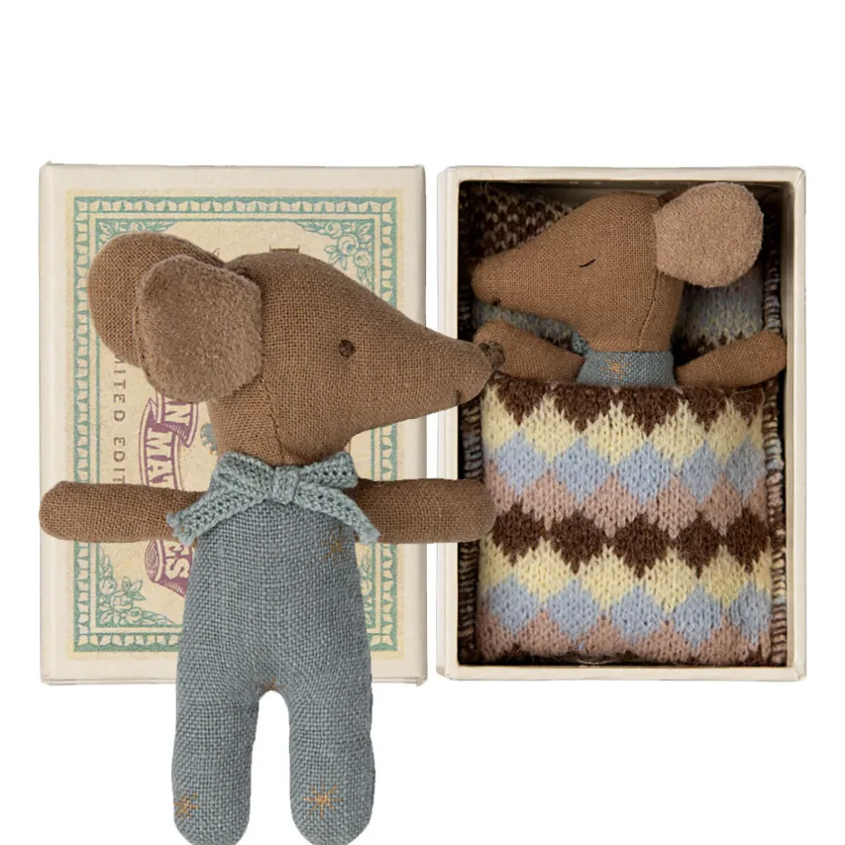 Maileg Sleepy Wakey Baby-Mäusejunge in Streichholzschachtel